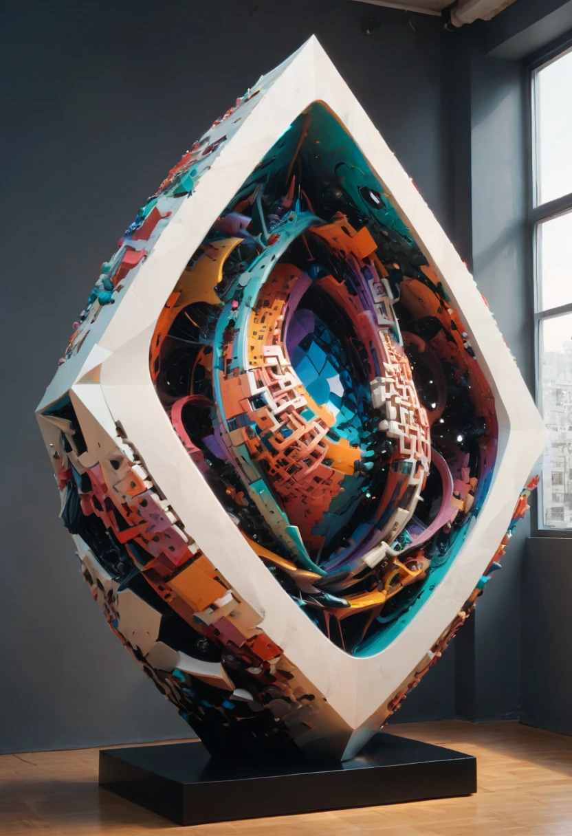 Giant Geometric Shape sculpture, by Alena Aenami, (masterpiece, best quality, perfect composition, very aesthetic, absurdres, ultra-detailed, intricate details, Professional, official art, Representative work:1.3)