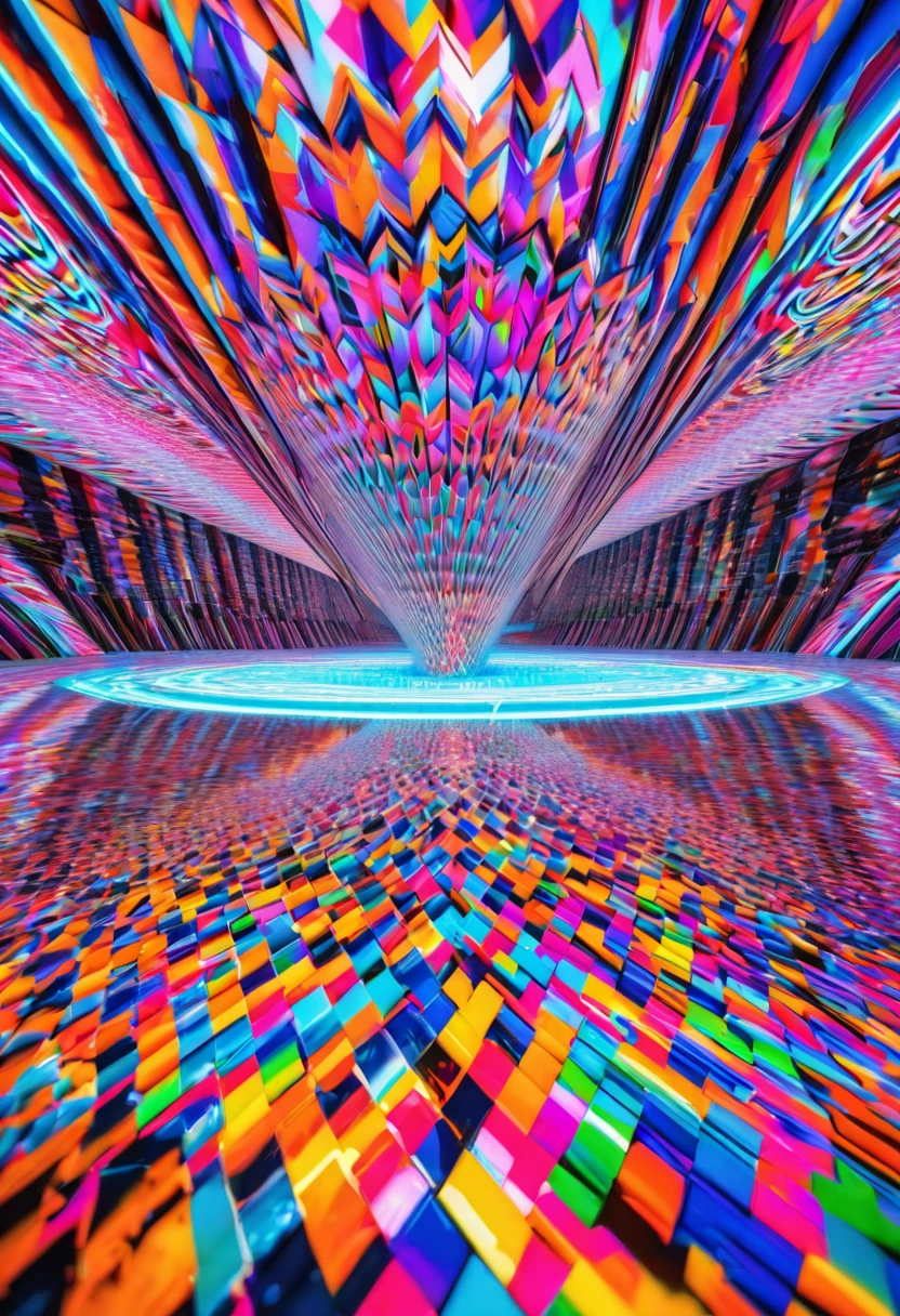 giant geometric shape,abstract,colorful,sharp edges,striking contrast,3D rendering,stark minimalism,highly saturated colors,illuminated from within,glowing lines,vibrant neon lights,ultra-modern aesthetics,surreal atmosphere,fluid motion,kinetic energy,larger than life,impressive scale,intricate patterns,symmetrical composition,dynamic angles,mesmerizing optical illusion,immersive spatial experience,hypnotic effect,textured surfaces,bold geometric forms,perfectly balanced proportions,monumental presence,visual impact,breathtaking symmetry,geometric precision,impossible . masterpiece, best quality, very aesthetic, absurdres, otclillsn