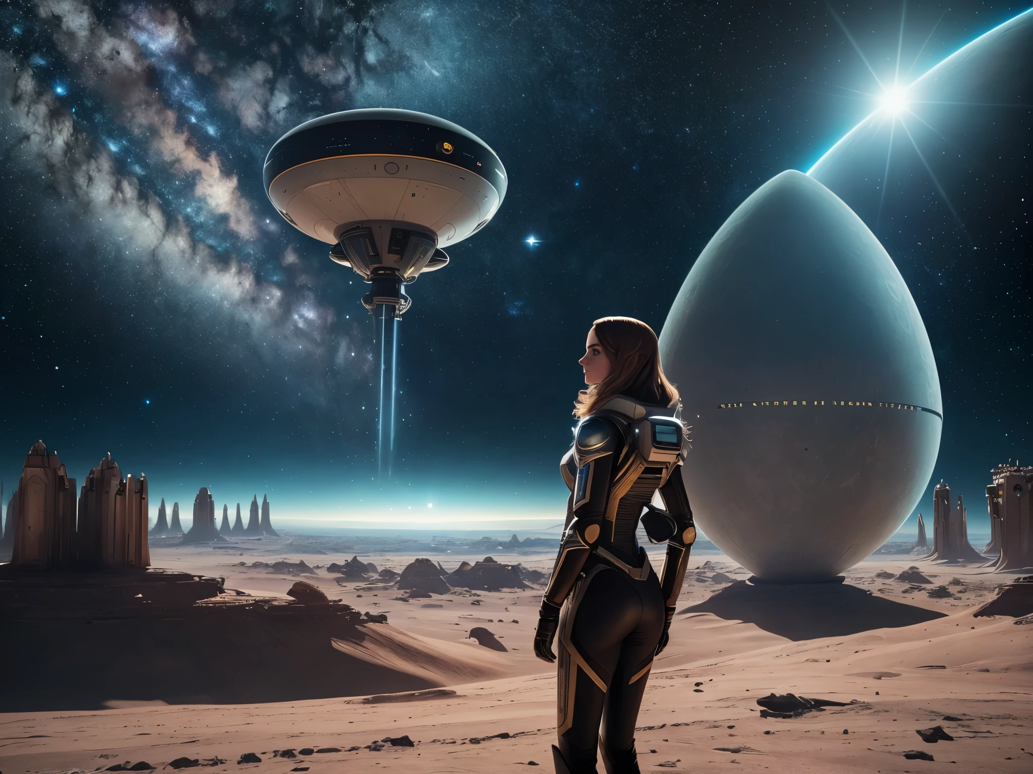 Emma Watson, UFO
(best quality,4k,8k,highres,masterpiece:1.2),ultra-detailed,(realistic,photorealistic,photo-realistic:1.37),portraits,(cinematic,stylized) colors,(soft,moody) lighting,science fiction,alien spacecraft,celestial,star-filled sky,glowing lights,exotic technology,mysterious atmosphere,beautiful detailed eyes,beautiful detailed lips,extraterrestrial encounter,futuristic fashion,flying saucer,otherworldly landscape,awe-inspiring,imposing,unique perspective,Emma Watson leading the way,elegant pose,mesmerizing beauty,humanoid aliens,intergalactic communication,curiosity,exploration,adventure,space exploration,the unknown,peaceful encounter,advanced civilization,universe,celestial bodies,spectacular scene,ethereal,interstellar travel,unimaginable sights,extraterrestrial beings,unparalleled technology