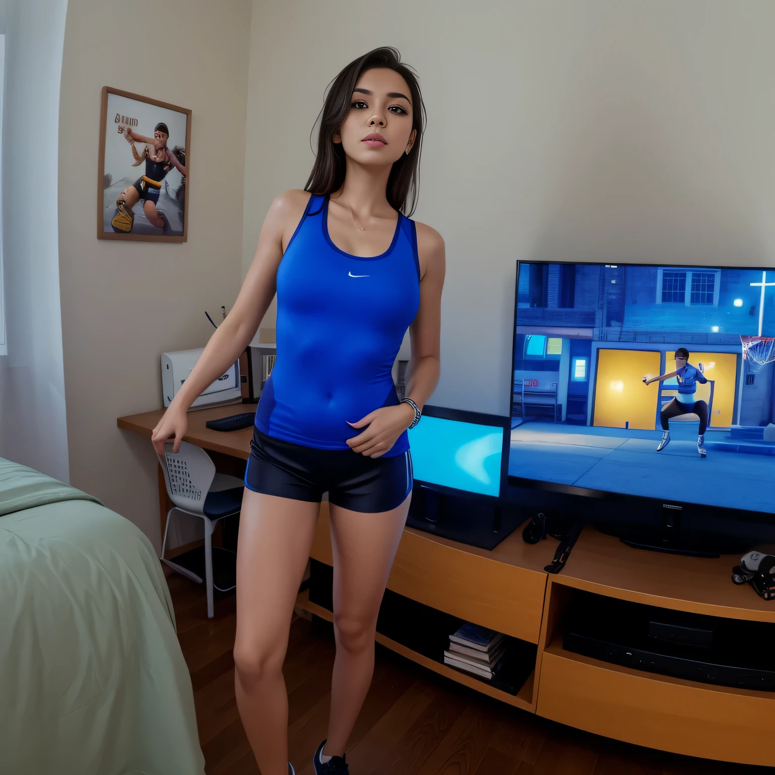 There's a woman standing in front of a television playing video games, dancing in the background, sweaty 4k, thin Brazilian girl dancing, she's dancing, video game, 4k', she's dancing. realistic, jumping towards the viewer, video game, filmed on gopro9, wearing short tight sports shorts, dark blue short shorts, wearing short tight blue shorts, belly showing, navel showing, short shorts, t-shirt and sports shorts, wearing t-shirt short and tight shorts, short shorts, shapely thighs. Full body photo in high resolution and high quality, 8k.