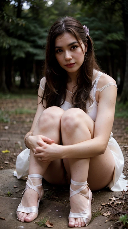Beautiful Thai transvestite with a fine face, hermosa cabellera y deliciosas piernas, con vestido corto de cuero color piel, camina solitaria en medio un bosque oscuro, observando sus bellos pies con zapatillas de ballet.