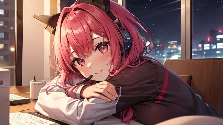 uma mulher com um casaco frio, Braids, cabelo rosa com franja grisalha, com um head-set, olhos rosa, sorridente, seios grandes, coxas tonificadas, studying in a room at night with a window in the background, apenas uma mulher, Sozinho,HDR, Ultra resolution, muito detalhado, obra de arte, Ultra qualidade, 4k hd headset head-set head-set, HAED SET HEADSET HEADSET