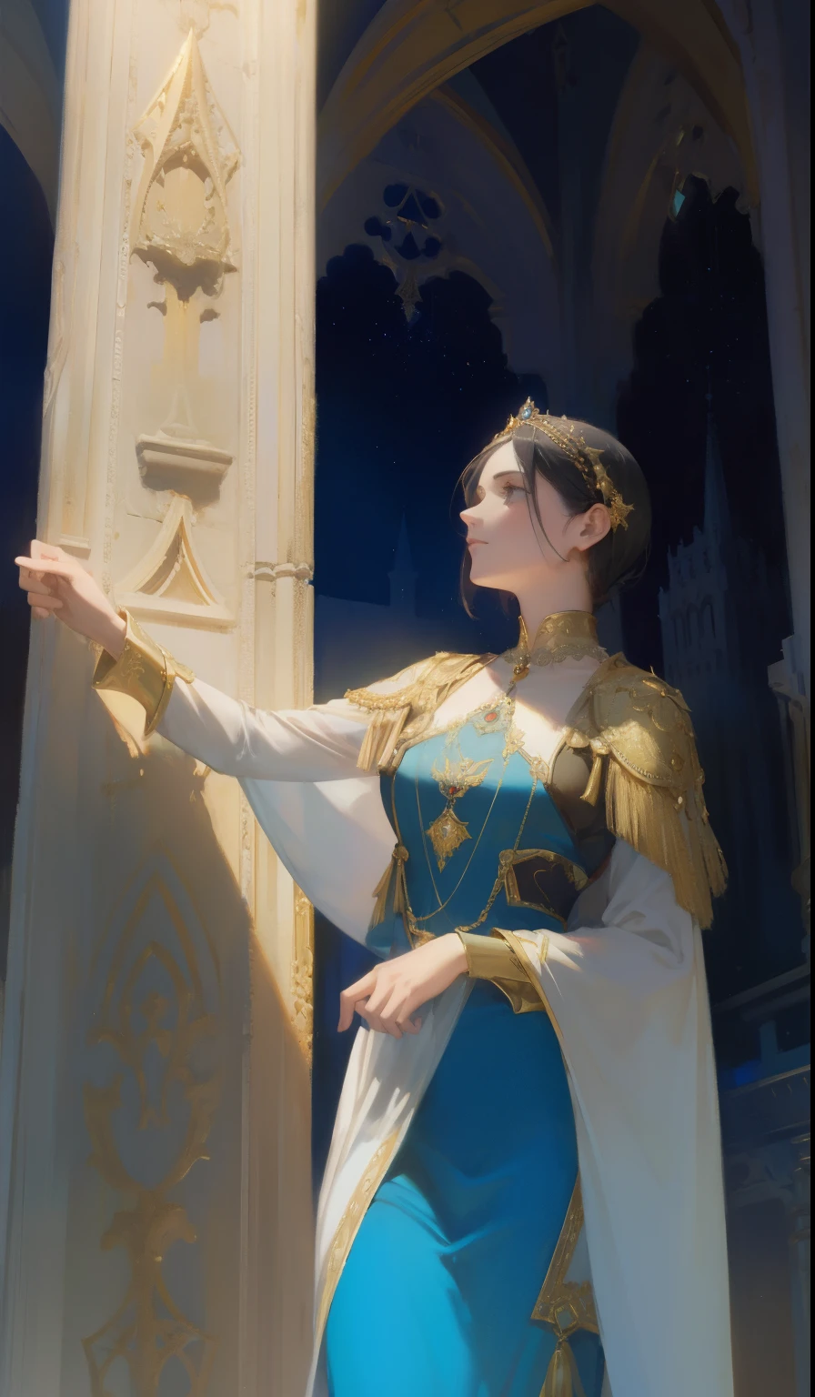 Fantasia, 19th-century, empress, mulher, rosto delicado, cabelo loiro claro, olhos azuis, em um vestido real branco com ombros abertos, gold patterns on fabric, Joias de cristal, com uma fita escarlate no ombro com os trajes do monarca, Gothic castle made of white stone in the background, luz, dia, High definition