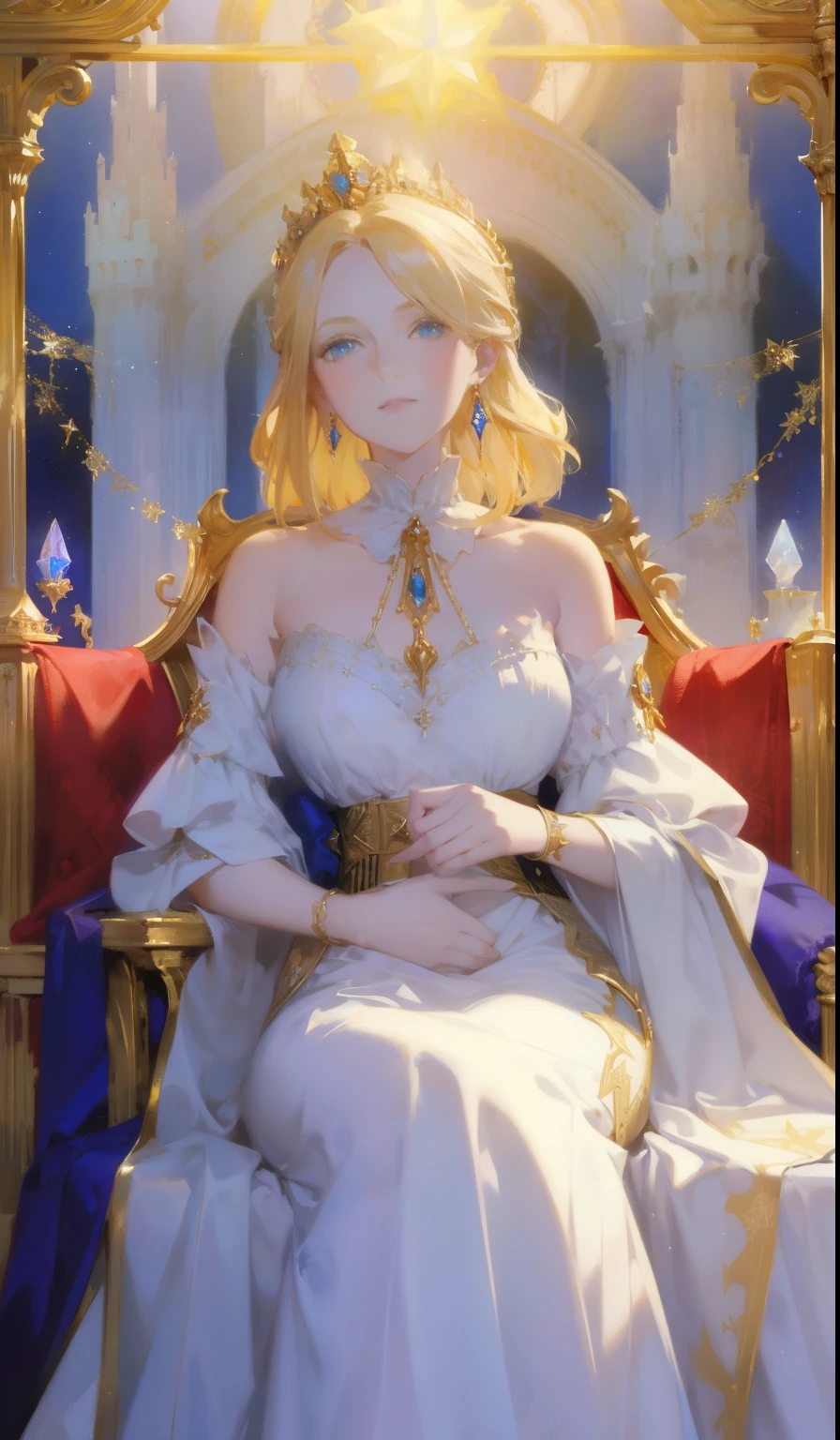 Fantasy, 19th century, empress, woman, delicate face, pale blonde hair, blue eyes, in a white royal dress with open shoulders, gold patterns on fabric, crystal jewelry, with a scarlet ribbon over the shoulder with the regalia of the monarch, Gothic castle made of white stone on the background, light, day, hd