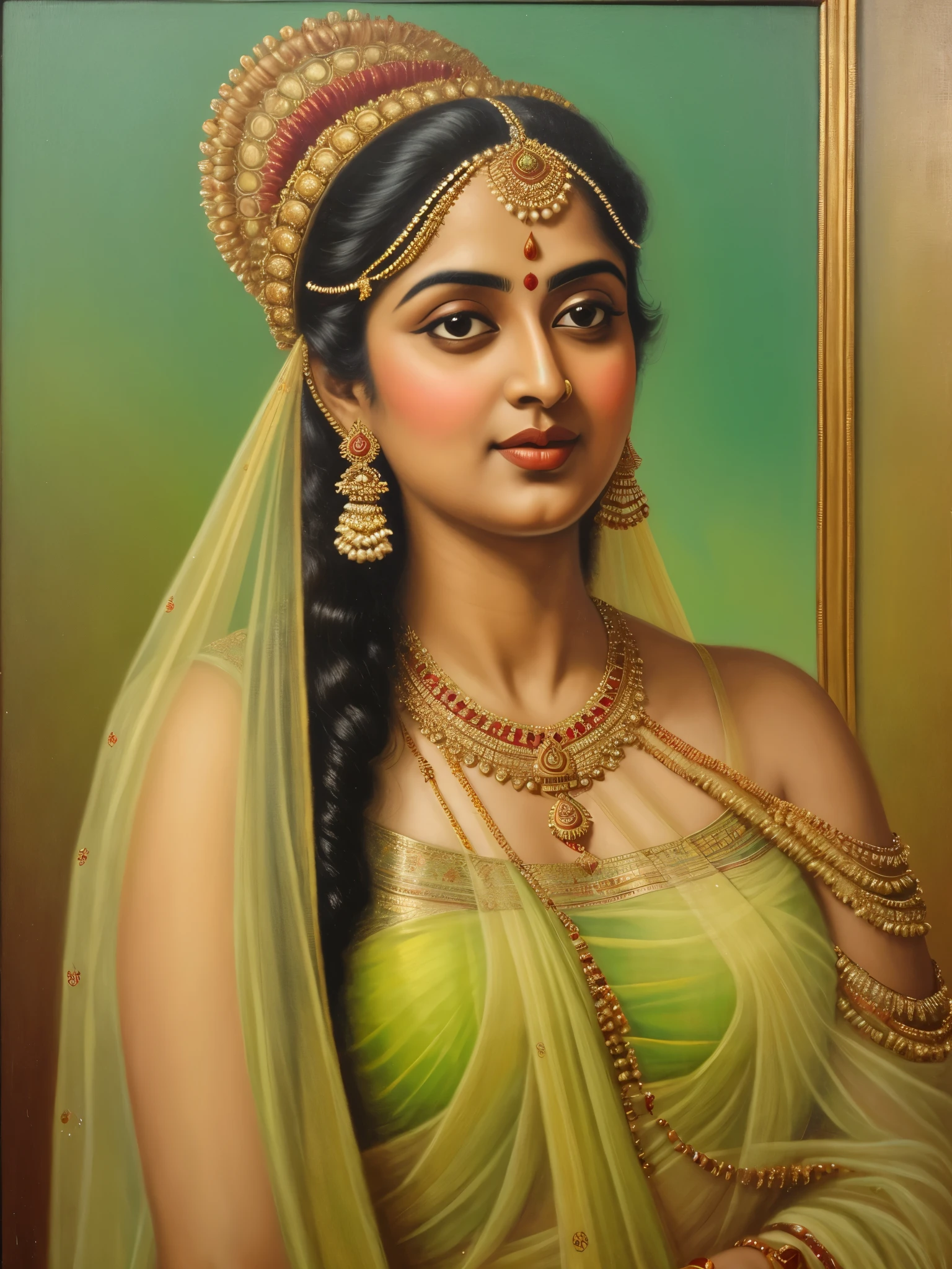 Beautiful painting of a woman in a sari with a necklace and earrings, beautiful thick figure, Thick curvy beauty, looks like Sandeepa Dhar, inspired by Raja Ravi Varma, szukalski ravi varma, portrait of a beautiful goddess, by Raja Ravi Varma, indian goddess, traditional beauty, a stunning portrait of a goddess, inspired by T. K. Padmini, indian art, indian goddess of wealth, portrait of a goddess