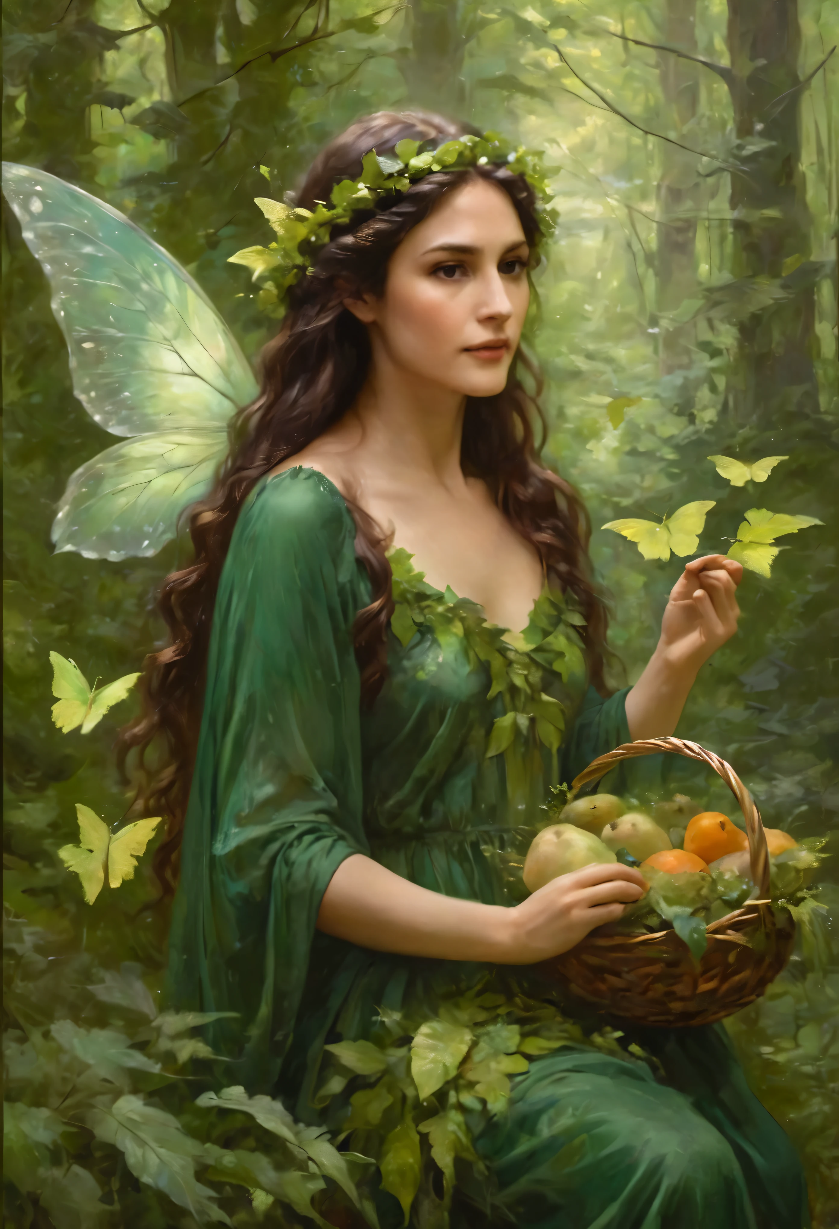 Elegant and serene fairy dryad with long wavy earthen-brown hair, leaf-green floral gown, mystical fauna wings, helping the animals of the forest harvest their food in a peaceful and radiant forest, oil paint splash