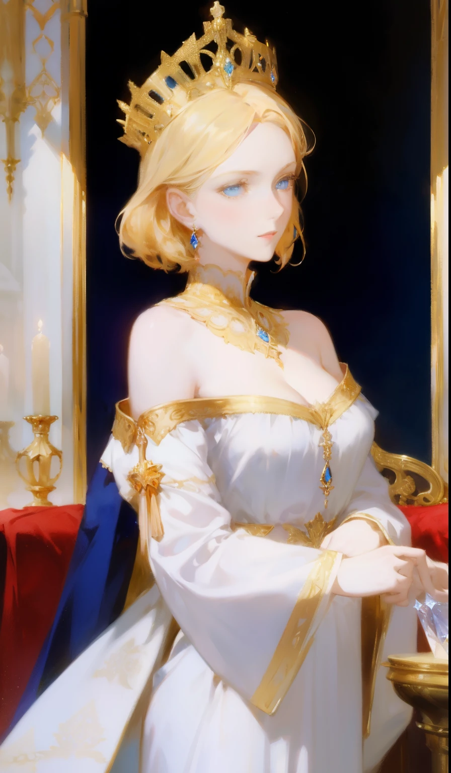 Fantasy, 19th century, empress, woman, delicate face, pale blonde hair, blue eyes, in a white royal dress with open shoulders, gold patterns on fabric, crystal jewelry, with a scarlet ribbon over the shoulder with the regalia of the monarch, Gothic castle made of white stone on the background, light, day, hd