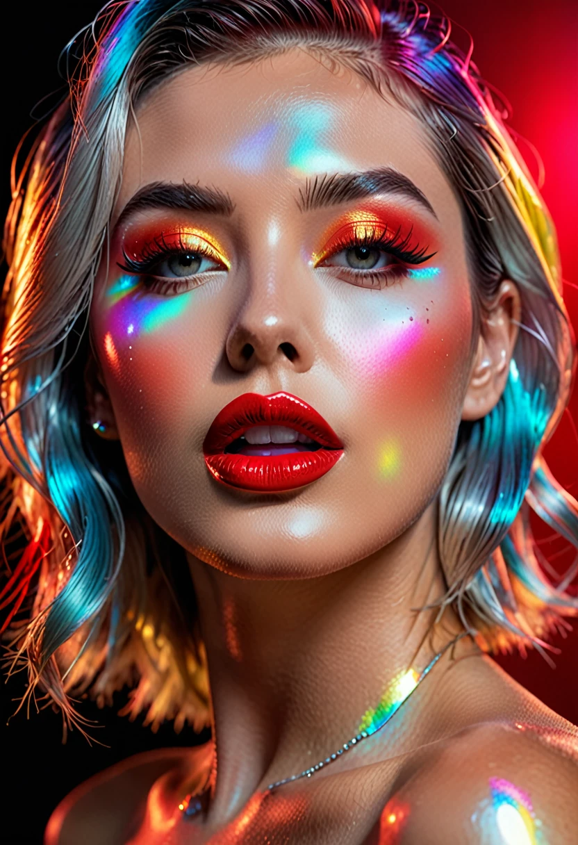 fantasic nature, ultra detail, ultra realism, hyper realistic, 90s, furrowed, vibrant holographic gradient, adventurecore, argon flash, photopainting, femme fatale, red lips, Professional Photography, Award Winning Photoshoot, Hyper-Realistic, Canon 1DX Mark III, 35mm, f/8