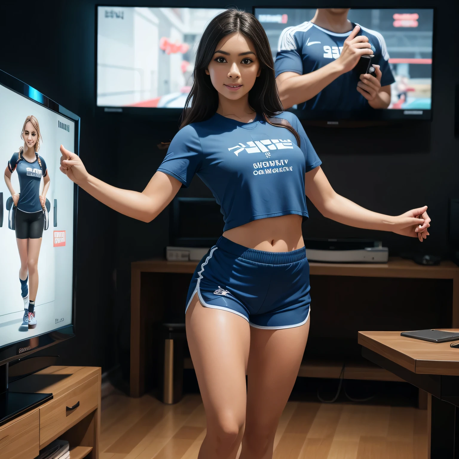 There's a woman standing in front of a television playing video games, dancing in the background, sweaty 4k, thin Brazilian girl dancing, she's dancing, video game, 4k', she's dancing. realistic, jumping towards the viewer, video game, filmed on gopro9, wearing short tight sports shorts, dark blue short shorts, wearing short tight blue shorts, belly showing, navel showing, short shorts, t-shirt and sports shorts, wearing t-shirt short and tight shorts, short shorts, shapely thighs. Full body photo in high resolution and high quality, 8k.