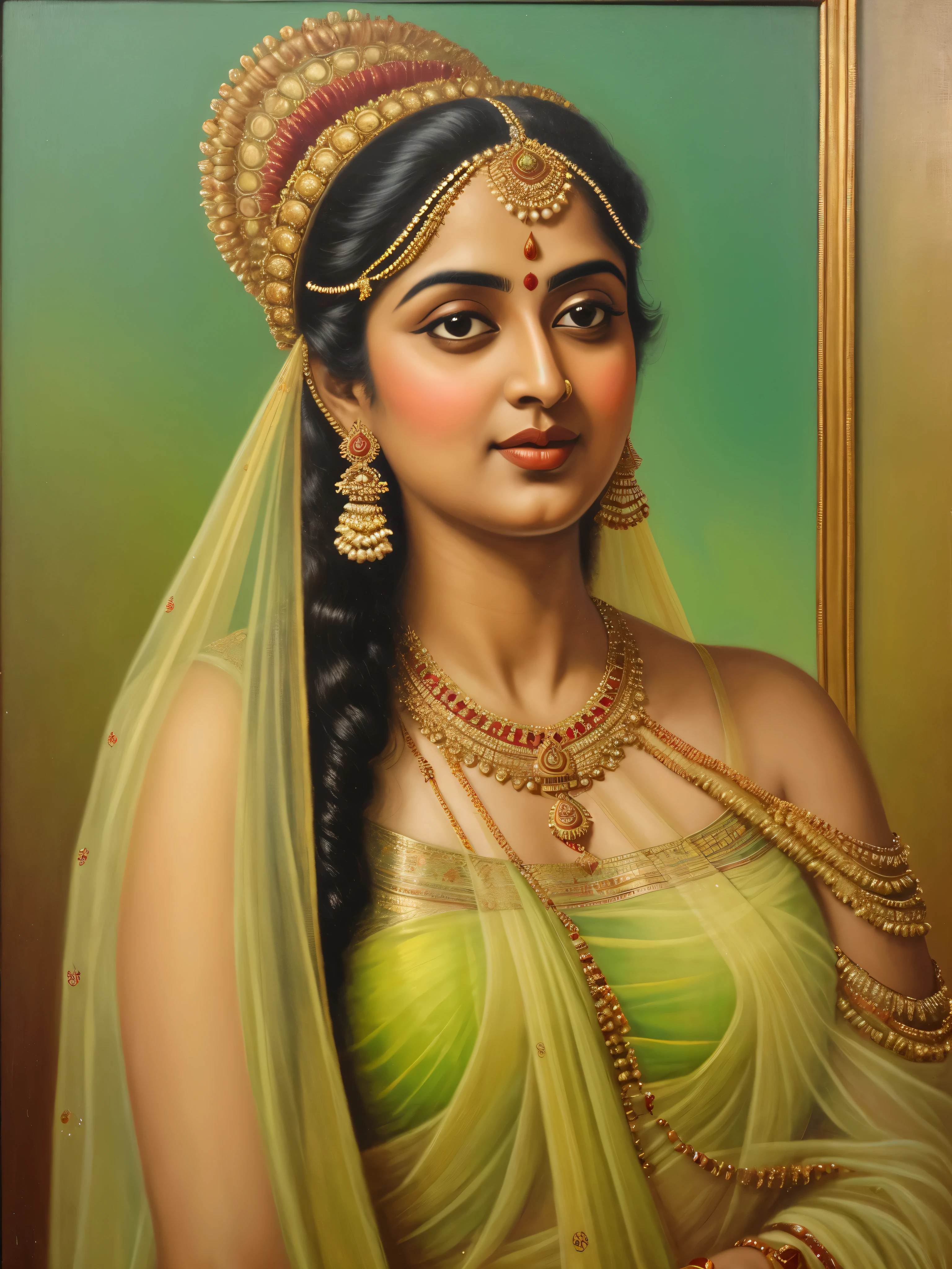 Beautiful painting of a woman in a sari with a necklace and earrings, beautiful thick figure, Thick curvy beauty, looks like Sandeepa Dhar, inspired by Raja Ravi Varma, szukalski ravi varma, portrait of a beautiful goddess, by Raja Ravi Varma, indian goddess, traditional beauty, a stunning portrait of a goddess, inspired by T. K. Padmini, indian art, indian goddess of wealth, portrait of a goddess