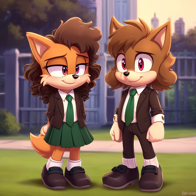 mobian, hedgehog, two-tone fur ((orange fur, brown fur)), school black pants, dark brown jersey with gold trimming, golden tie, black school shoes, two-tone hair ((brown hair, black tip)), curly hair, halo, jewelry, red eyes, longeyelashes, red eyes, smile, shy, blush, high detail, masterpiece, UHD, anatomically correct, super detail, highres, 4K