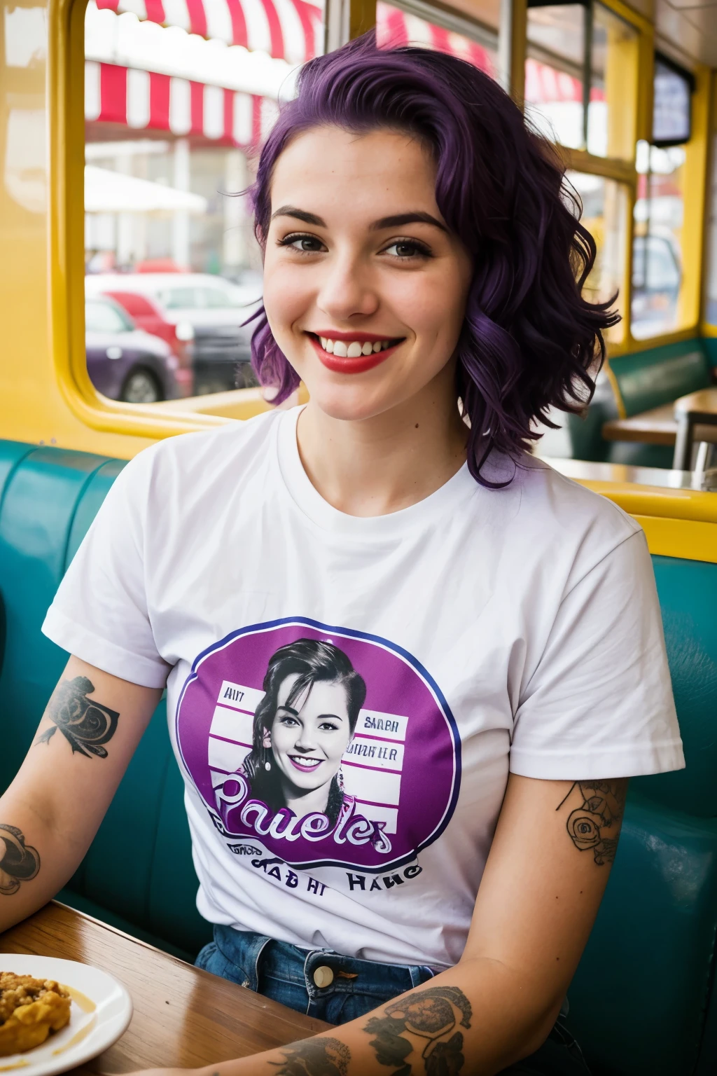Street photography: photo of a young woman with purple hair, smile, happy, cute t shirt, tattoos on her arms, Sitting in a 50's diner
