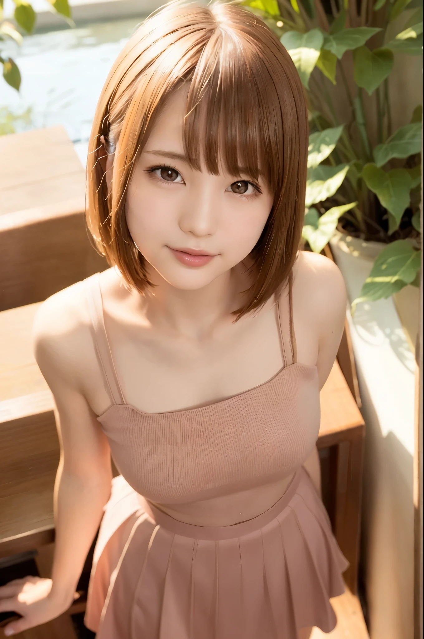 girl 1, 26 years old, lips, lipstick, skirt, realistic, skirt, knit, (OL), alone, Are standing, highest quality, photorealistic, masterpiece, 8K, High resolution, alone, (woman)))), (small breasts: 1), (((looking at the viewer)), (look at the camera), (short hair), (professional lighting, Bokeh), highly detailed face, Fashionable and trendy atmosphere, Day book, office, garden, (((Day)), (portrait: 0.6), enchanting smile, gorgeous floating hair, (particles of light, Lens flare, shining particles: 0.6), soft lighting, brown hair, full body, thin face,