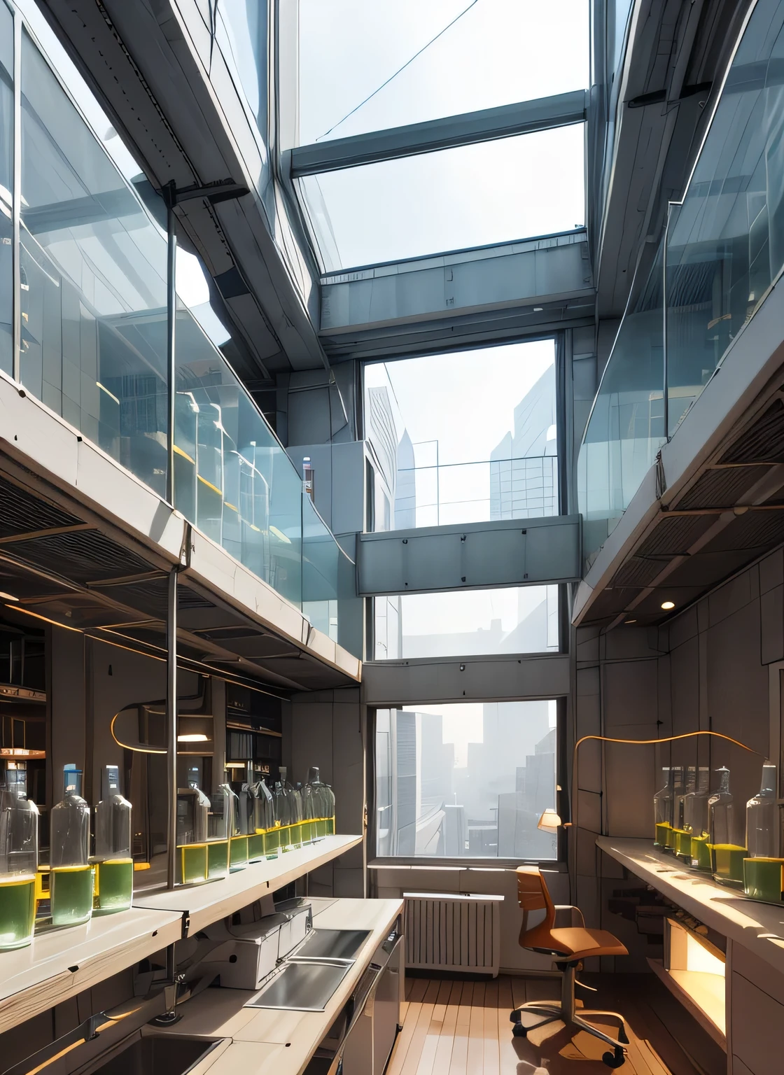 A cyperpunk sci-fi lab on the top floor, giant floot to cleling windows over looking, floors below.