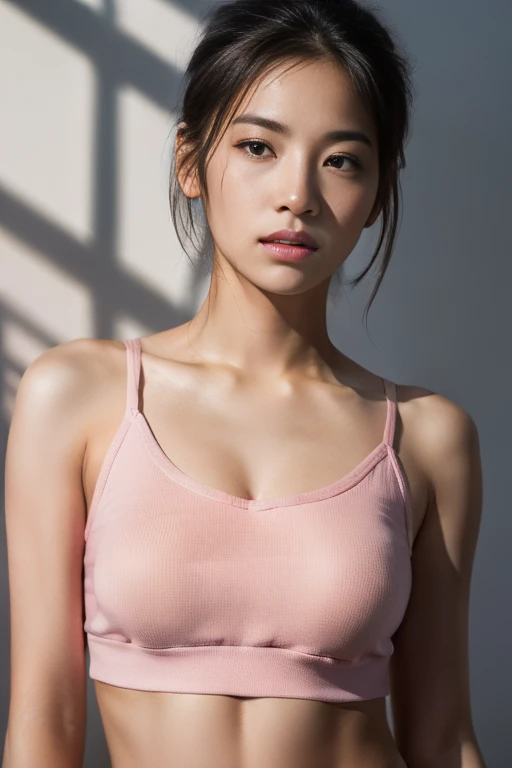 best quality, masterpiece, super high resolution, super model, shoulder bust portrait photo, pink crop top hoodie, pink bandeau, big bust, shorts, full body photo, dynamic fashion pose, (realism: 1.8), original photo, 1girl, bare shoulders, in the dark, deep shadow, understated, cold light
