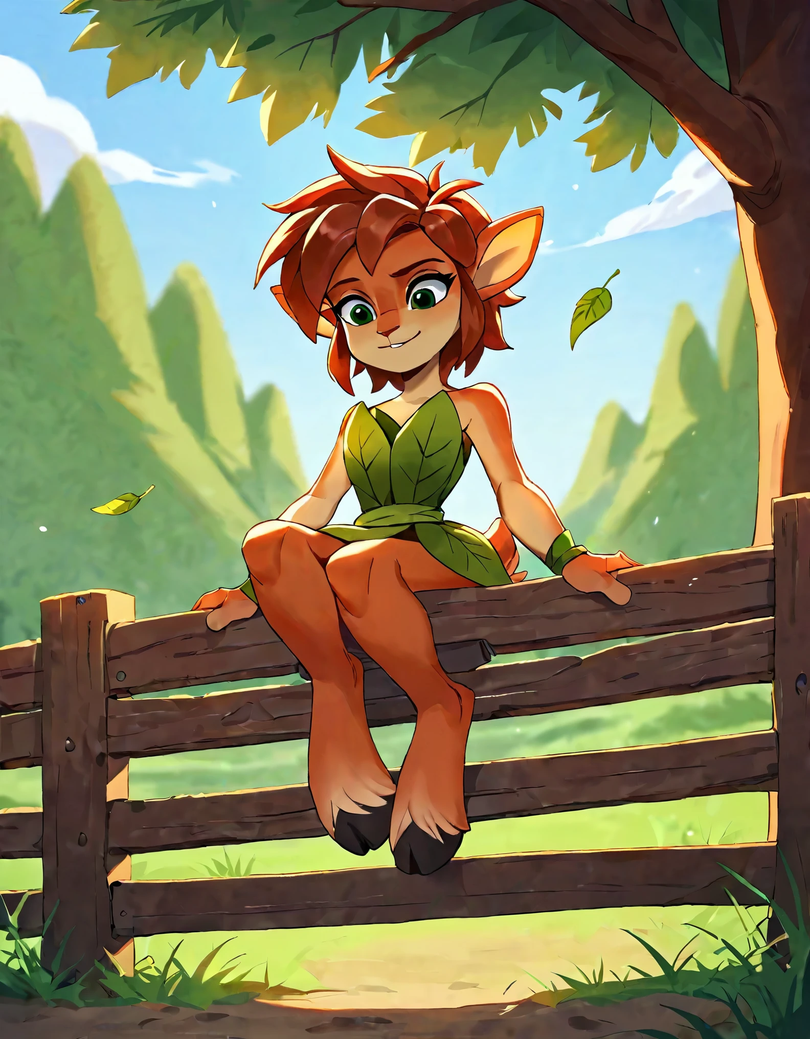 score_9, score_8_up, score_7_up, score_6_up, from below, farm, barn, outdoors, wheat field, sitting on a fence BREAK solo, 1girl, elora, faun \(spyro\), red hair, mammal, anthro, deer, green eyes, leaf dress, hooves