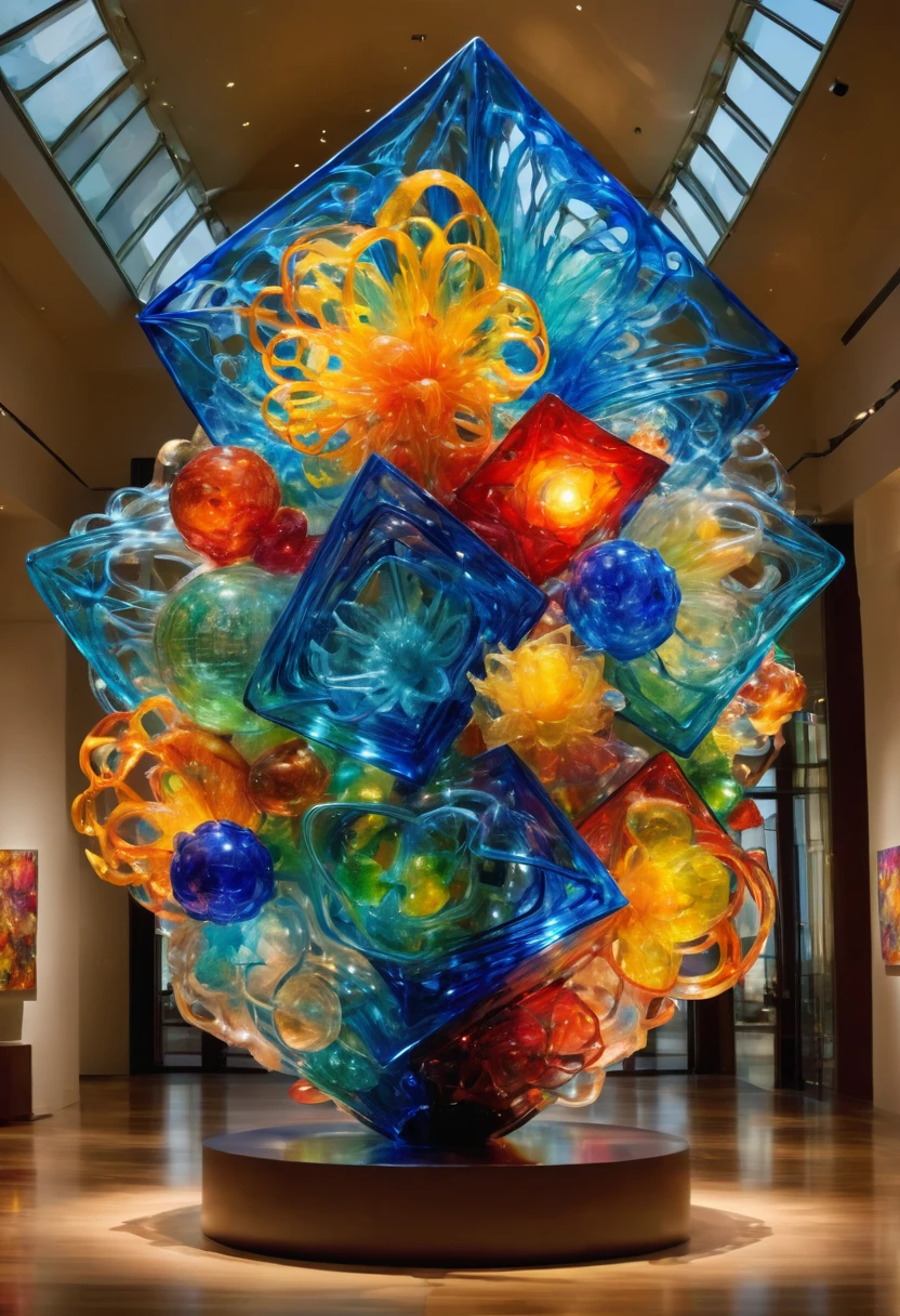 Giant Geometric Shape sculpture, by Dale Chihuly, best quality, masterpiece, very aesthetic, perfect composition, intricate details, ultra-detailed