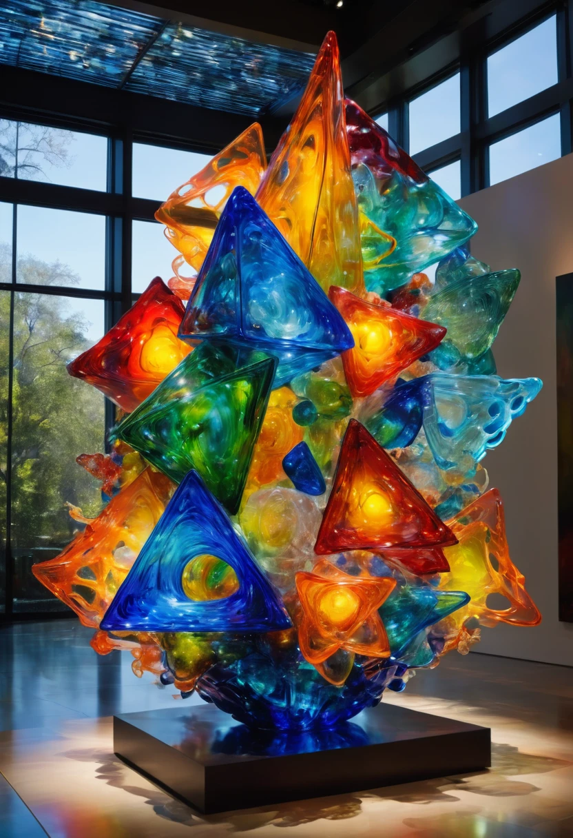 Giant Geometric Shape sculpture, by Dale Chihuly, best quality, masterpiece, very aesthetic, perfect composition, intricate details, ultra-detailed
