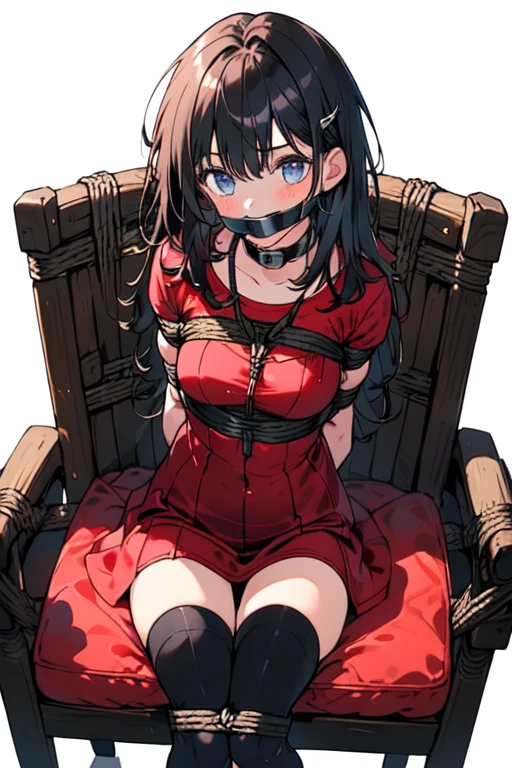 ((1 girl)), ((sitting on chair)), ((rope bondage)), ((arms behind back)), ((fully bound)), (restrained tightly), ((helpless)), (Red dress, tights socks), ((blushing)), ((gagged))