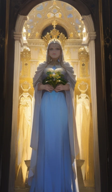Fantasia, 19th-century, empress, mulher, rosto delicado, cabelo marrom longo claro, olhos azuis, em um vestido real branco com ombros abertos, gold patterns on fabric, Joias de cristal, com uma fita escarlate no ombro com os trajes do monarca, Gothic castle made of white stone in the background, luz, dia, High definition