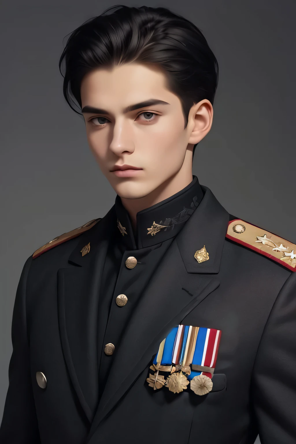 homem de roupa militar, cabelo preto, olhos castanhos