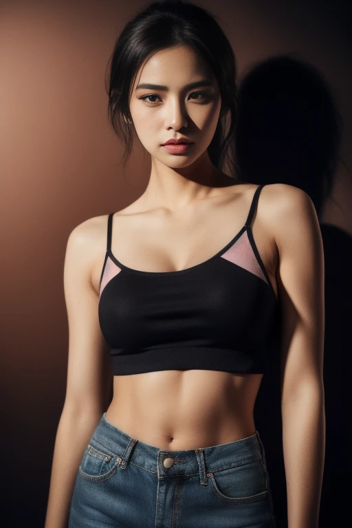 best quality, masterpiece, super high resolution, super model, shoulder bust portrait photo, pink crop top hoodie, pink bandeau, big bust, shorts, full body photo, dynamic fashion pose, (realism: 1.8), original photo, 1girl, bare shoulders, in the dark, deep shadow, understated, cold light