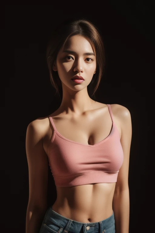 best quality, masterpiece, super high resolution, super model, shoulder bust portrait photo, pink crop top hoodie, pink bandeau, big bust, shorts, full body photo, dynamic fashion pose, (realism: 1.8), original photo, 1girl, bare shoulders, in the dark, deep shadow, understated, cold light