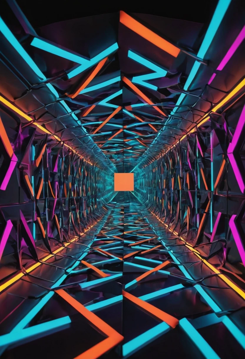 giant geometric shape,abstract,colorful,sharp edges,striking contrast,3D rendering,stark minimalism,highly saturated colors,illuminated from within,glowing lines,vibrant neon lights,ultra-modern aesthetics,surreal atmosphere,fluid motion,kinetic energy,larger than life,impressive scale,intricate patterns,symmetrical composition,dynamic angles,mesmerizing optical illusion,immersive spatial experience,hypnotic effect,textured surfaces,bold geometric forms,perfectly balanced proportions,monumental presence,visual impact,breathtaking symmetry,geometric precision,impossible . masterpiece, best quality, very aesthetic, absurdres, otclillsn