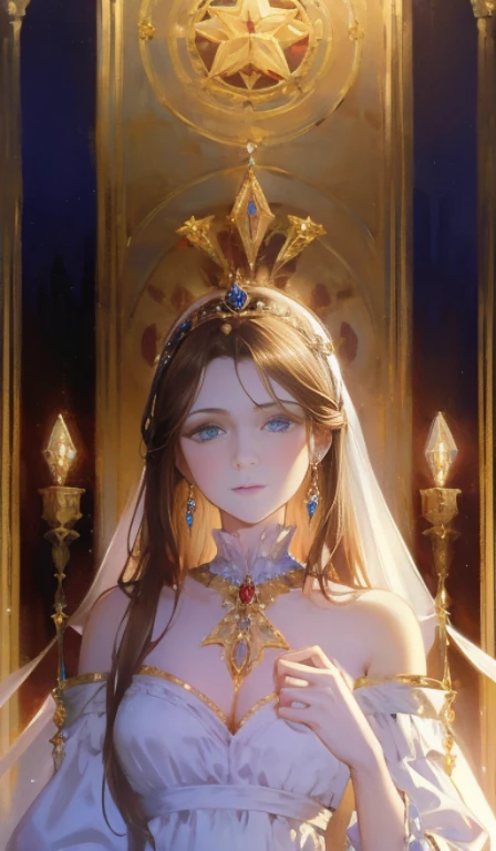 Fantasy, 19th century, empress, woman, delicate face, pale brown long hair, blue eyes, in a white royal dress with open shoulders, gold patterns on fabric, crystal jewelry, with a scarlet ribbon over the shoulder with the regalia of the monarch, Gothic castle made of white stone on the background, light, day, hd