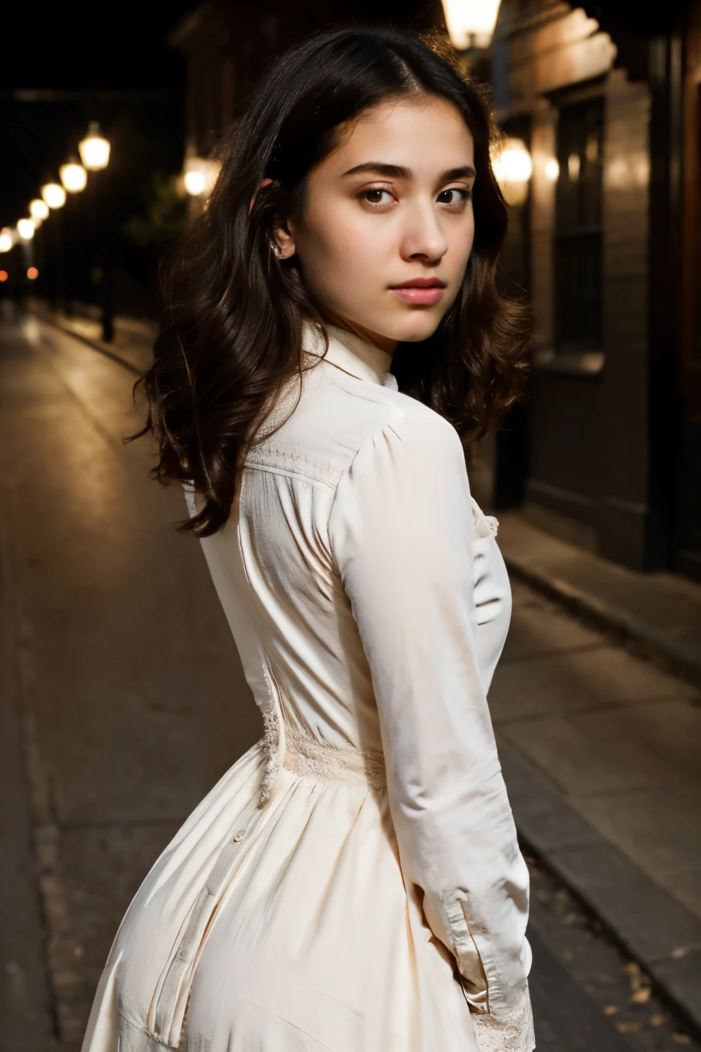 (close-up of a beautiful 21 year old girl on a 19th century street wearing a vintage dress), (serious:0.5), (Highly detailed face:1.4), ass POV, Nikon D850, photo from the film, 4 portrait codes 400, camera f1.6 lenses, Rich colors, hyperrealistic, realistic texture, dramatic lighting, film studio 800, 19th century Victorian style., evening, Vintage lighting, Medium curly hair