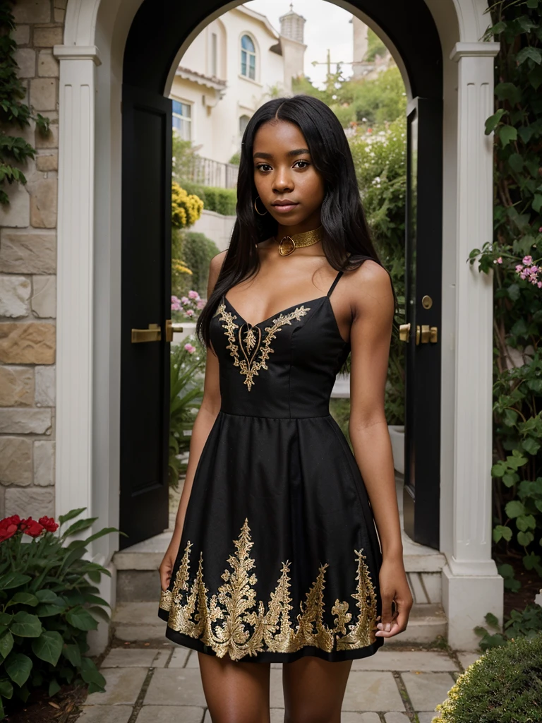Young 15 years old black girl Marsai Martin takes photos taken with Canon EOS R 6 camera, background Entrance to a modern rich house, flowers, garden. Marsai has very long straight black hair, she is wearing a simple black dress with a collar and long shoulders, the dress is decorated with gold ornaments, background Entrance to a modern, rich house, flowers, garden. The girl is wearing a black simple dress with a collar and long shoulders, gold ornaments can be seen on the dress. The images are of the highest quality (best quality, 8K resolution, high resolution: 1.2), providing extremely detailed and photorealistic visual effects. This scene incorporates special effects and decorations from the TV series "The Wizard of Weverly Place", creating a dynamic and lively atmosphere. The lighting is unique, uniformly created to bring out the vibrant colors of the artwork. Composition: Capture the enthusiasm and creativity of a girl posing for the perfect photo