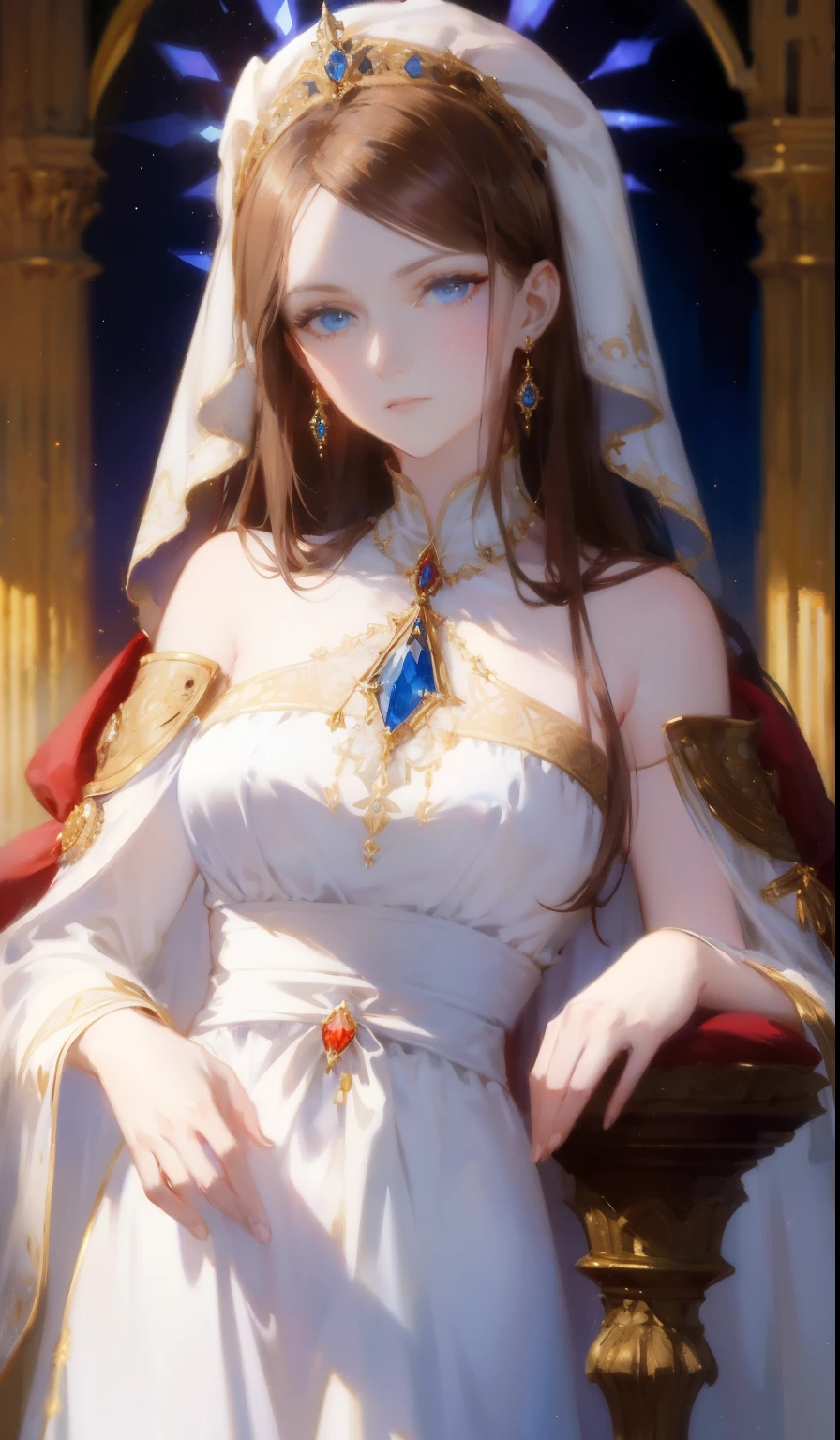 Fantasy, 19th century, empress, woman, delicate face, pale brown long hair, blue eyes, in a white royal dress with open shoulders, gold patterns on fabric, crystal jewelry, with a scarlet ribbon over the shoulder with the regalia of the monarch, Gothic castle made of white stone on the background, light, day, hd