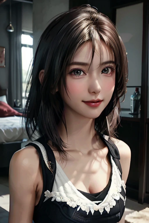 Top quality, ultra high resolution, (photorealistic: 1.4), beautiful eyes, super beautiful, short hair, beautiful breasts, lover, t-shirt with rough chest, eyes inviting viewer, lover's eyes, inviting facial expressions, sexy smile, perfect style, perfect balance, detailed skin, naughty eyes, chest visible