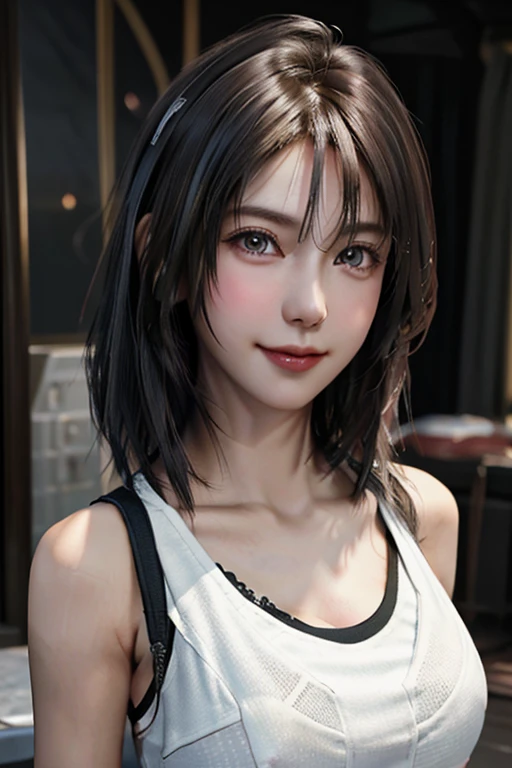 Top quality, ultra high resolution, (photorealistic: 1.4), beautiful eyes, super beautiful, short hair, beautiful breasts, lover, t-shirt with rough chest, eyes inviting viewer, lover's eyes, inviting facial expressions, sexy smile, perfect style, perfect balance, detailed skin, naughty eyes, chest visible