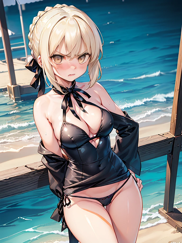 (((Best Quality, masterpiece))),(top quality, top quality, beautiful CG,) Cowboy shot:1.2,Upper body:1.2,{{{Artoria Pendragon alter:1.6}}}, ((She is standing with her legs spread out and her hands on her waist:1.2)),slender body type, glossy skin, saber Altria, blonde, ((gold beautiful eyes:1.2)), signon hair, shortcuts, very cute girl, glossy skin, (((She's on a very beautiful beach:1.2))),((She was very angry and embarrassed:1.6)), ((She only wears a very cute black color sexy bikini:1.2)),(((A cute big black ribbon on the head and neck:1.8))),sexy body,((It's clearly depicted to the top of her head:1.9)),She's watching the viewers:1.2,(((Very sunny seaside:1.2))),((Simple high-leg panties: 1.2))