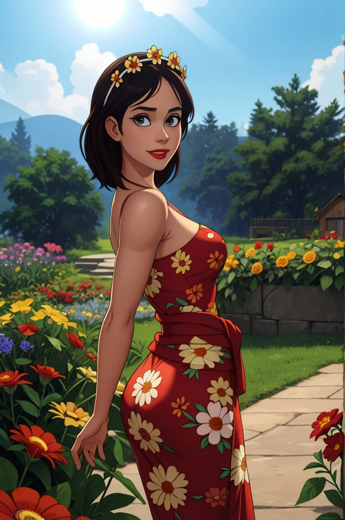 Adorable, mature Woman,detailed big-eyed woman, round face. promenent red lips. Smileing,In the garden, large ass, wearing a cute floral sun dress. flower crown, Flower belt draped around waist. Picture from the side,looking at the scenes, intense colors, Very valuable details, complex details, volumetric lighting, digital art, 8k, trending on Artstation, Clear focus, complex details, highly detail, Greg Rutkowski Big Eyes, high-resolution, Black hair. Alison Brie. attractive chest, .Photorealistic. Confidence, self esteem, assertiveness, dominance. wide Amused smile. ecstastic expression.