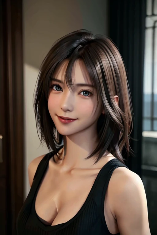 Top quality, ultra high resolution, (photorealistic: 1.4), beautiful eyes, super beautiful, short hair, beautiful breasts, lover, t-shirt with rough chest, eyes inviting viewer, lover's eyes, inviting facial expressions, sexy smile, perfect style, perfect balance, detailed skin, naughty eyes, chest visible