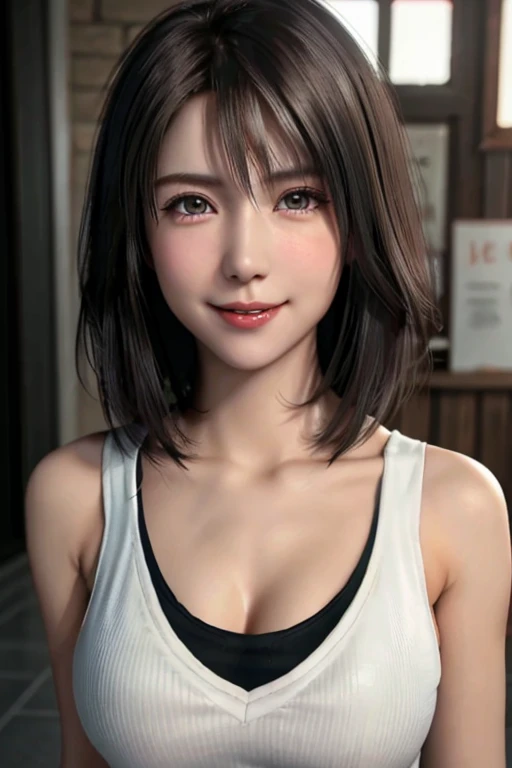 Top quality, ultra high resolution, (photorealistic: 1.4), beautiful eyes, super beautiful, short hair, beautiful breasts, lover, t-shirt with rough chest, eyes inviting viewer, lover's eyes, inviting facial expressions, sexy smile, perfect style, perfect balance, detailed skin, naughty eyes, chest visible
