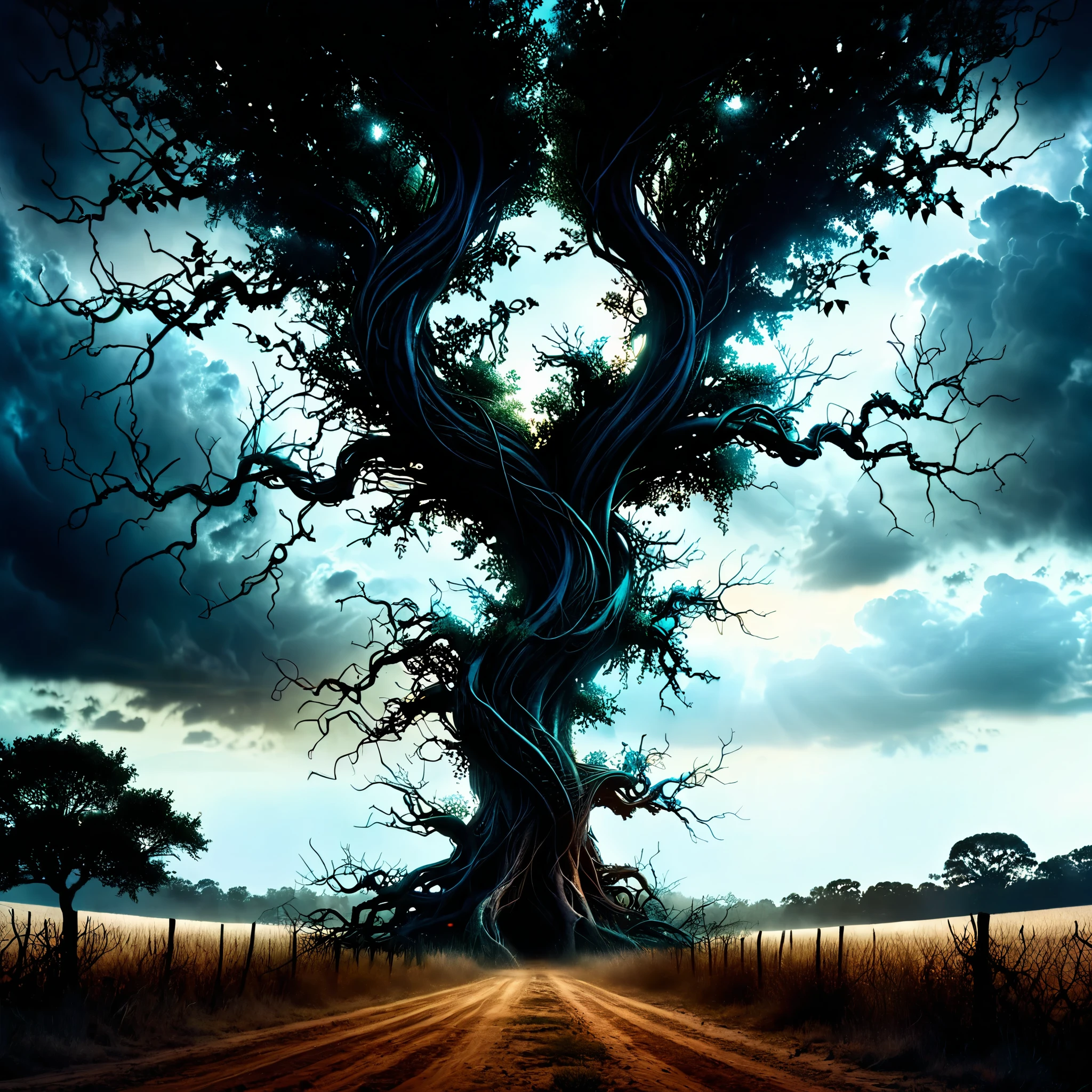 Descend into the depths of horror as twisted vines, entwined with circuitry, ensnare gnarled trees, casting ominous shadows on a landscape where technology and nature merge in an unsettling union. Each vine pulsates with malevolent energy, weaving a sinister tapestry across the darkened sky. The fusion of organic and mechanical elements creates a chilling atmosphere, evoking a sense of dread and foreboding. Brace yourself for a journey into the heart of darkness, where the line between man and machine blurs into oblivion.