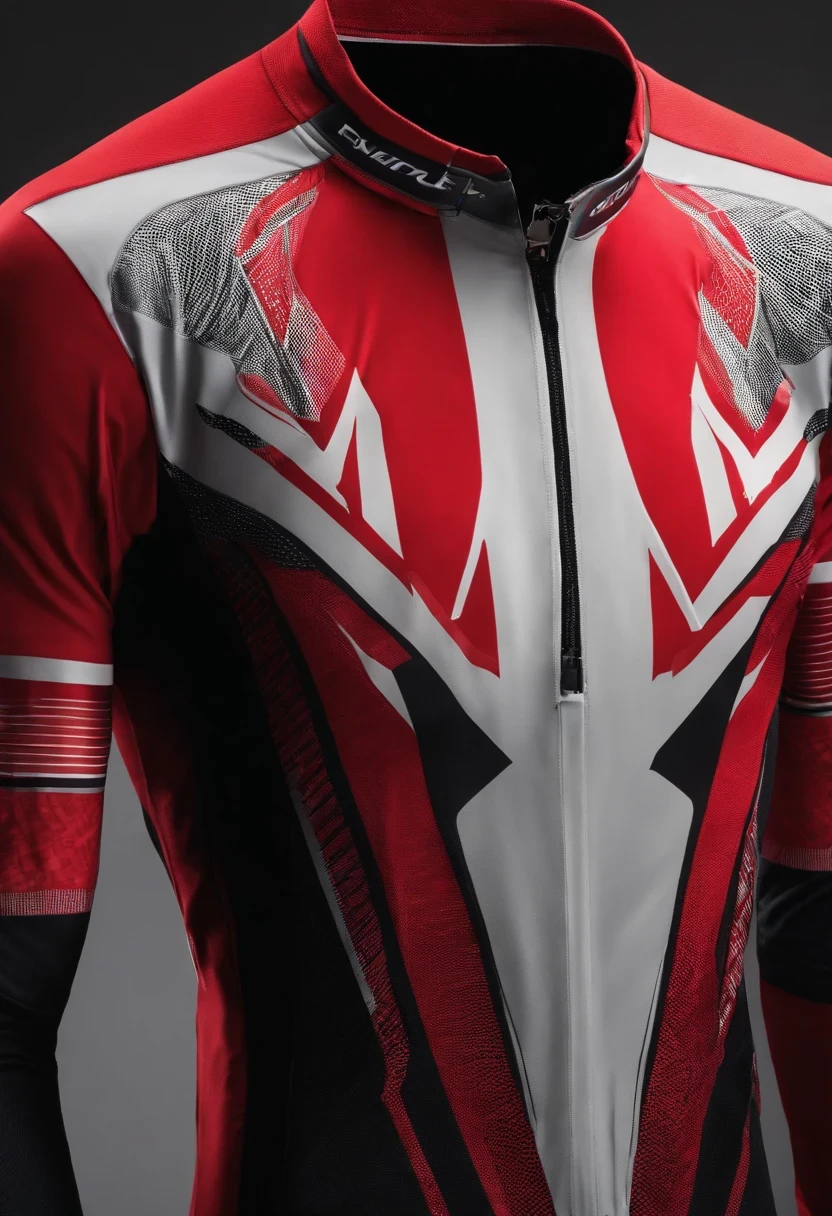 criar um modelo exclusivo de uma camisa de ciclismo, de alta qualidade, com cores vermelhas e pretas, with radical details and a zipper on the front of the shirt.