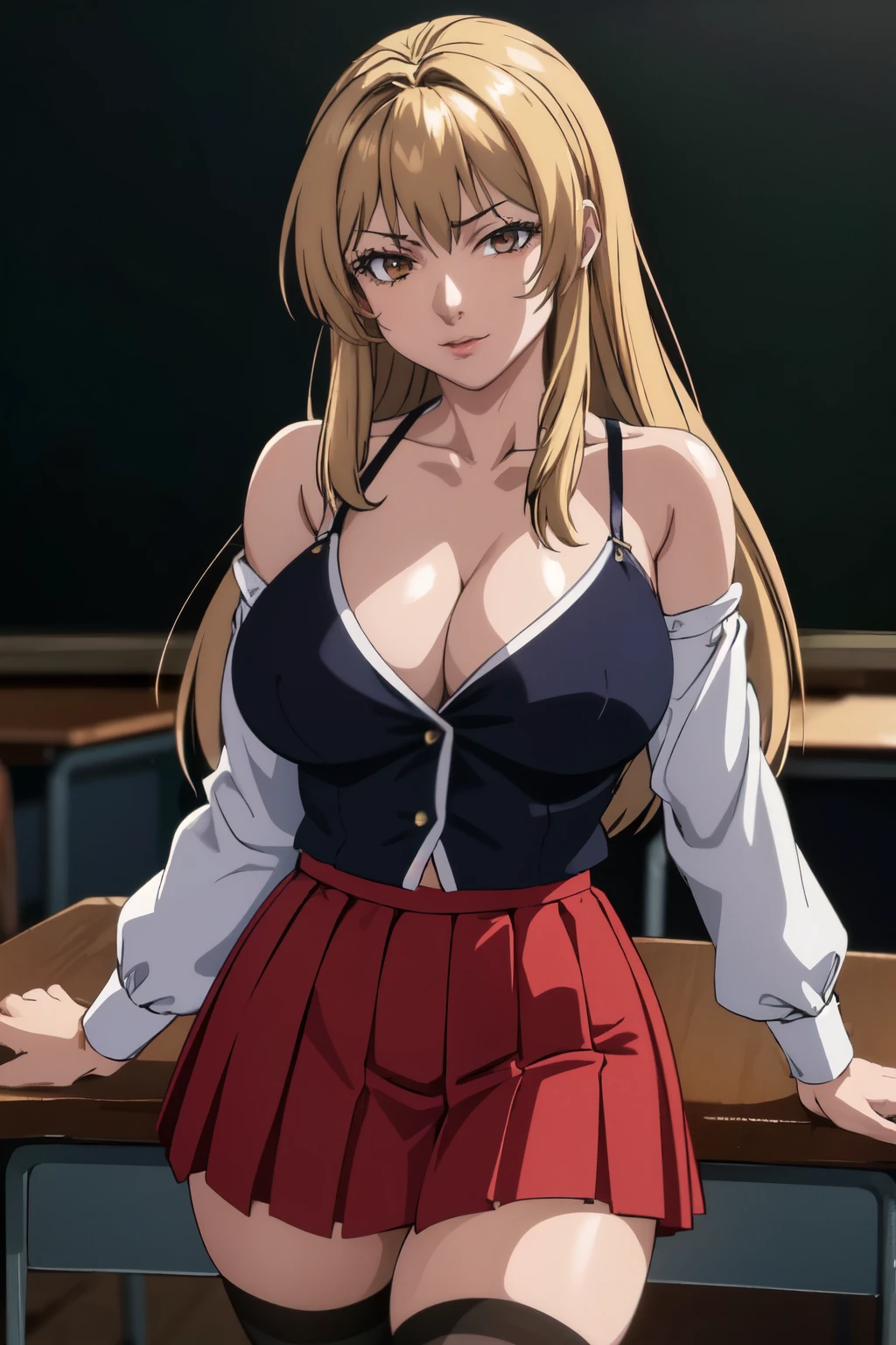 masterpiece, best quality, highres, 1girl kaori saeki, spaghetti strap black vest red skirt black thighhighs, large breasts, cleavage, classroom, cowboy shot, (smug:0.3), looking at viewer, focus solo