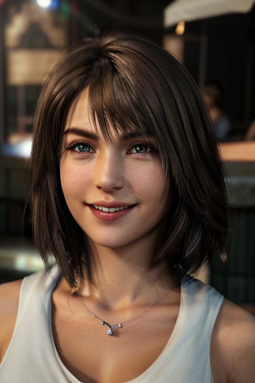 Top quality, ultra high resolution, (photorealistic: 1.4), beautiful eyes, super beautiful, short hair, beautiful breasts, lover, t-shirt with rough chest, eyes inviting viewer, lover's eyes, inviting facial expressions, sexy smile, perfect style, perfect balance, detailed skin, naughty eyes, chest visible