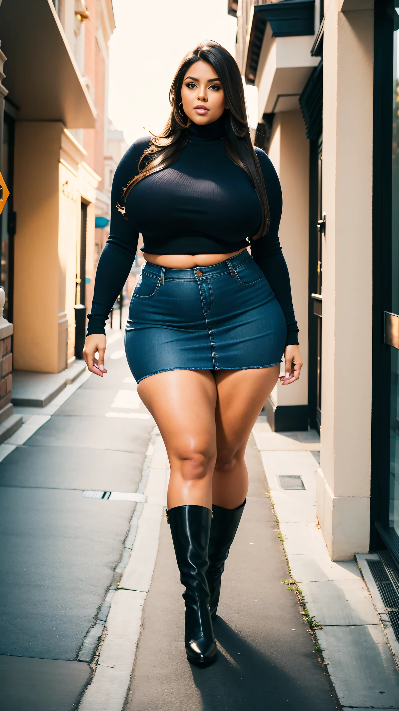 Full body shot of 1 beautiful woman, adult, large body, voluptuous woman, (very long straight hair),( brunette hair), outlined eyelids, made-up eyelids, turtleneck sweater, scarf, neckline, (blue mini denim skirt, black handbag), tempting , dreaming, curvy hourglass figure, oppai proportion, tight skirt , tall