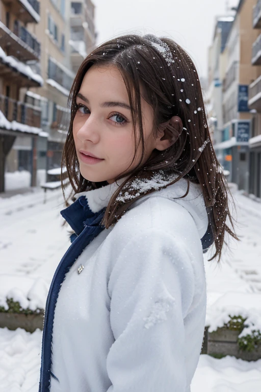 jeune femme de 25 ans, brune aux yeux bleus, nue, allongée dans la neige en faisant un ange
