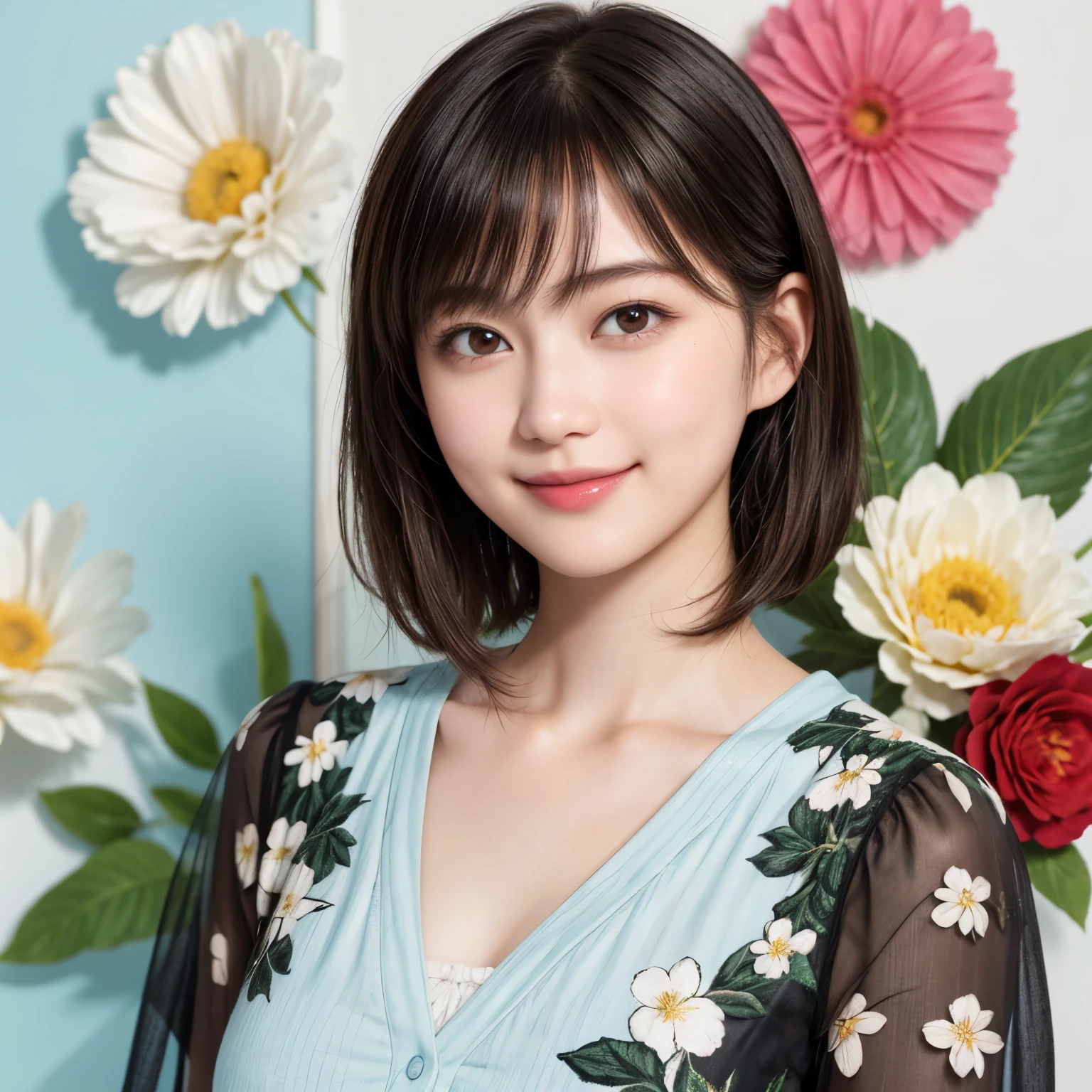 206 Short Hair, 20 year old female, Floral, gentle smile, (chest:1.2)