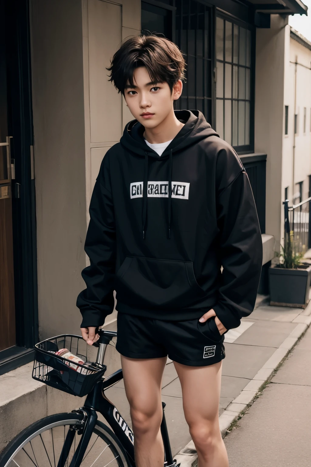 One boy、ash hoodie、Black Bike Shorts、ligh brown hair、Carl Bob
