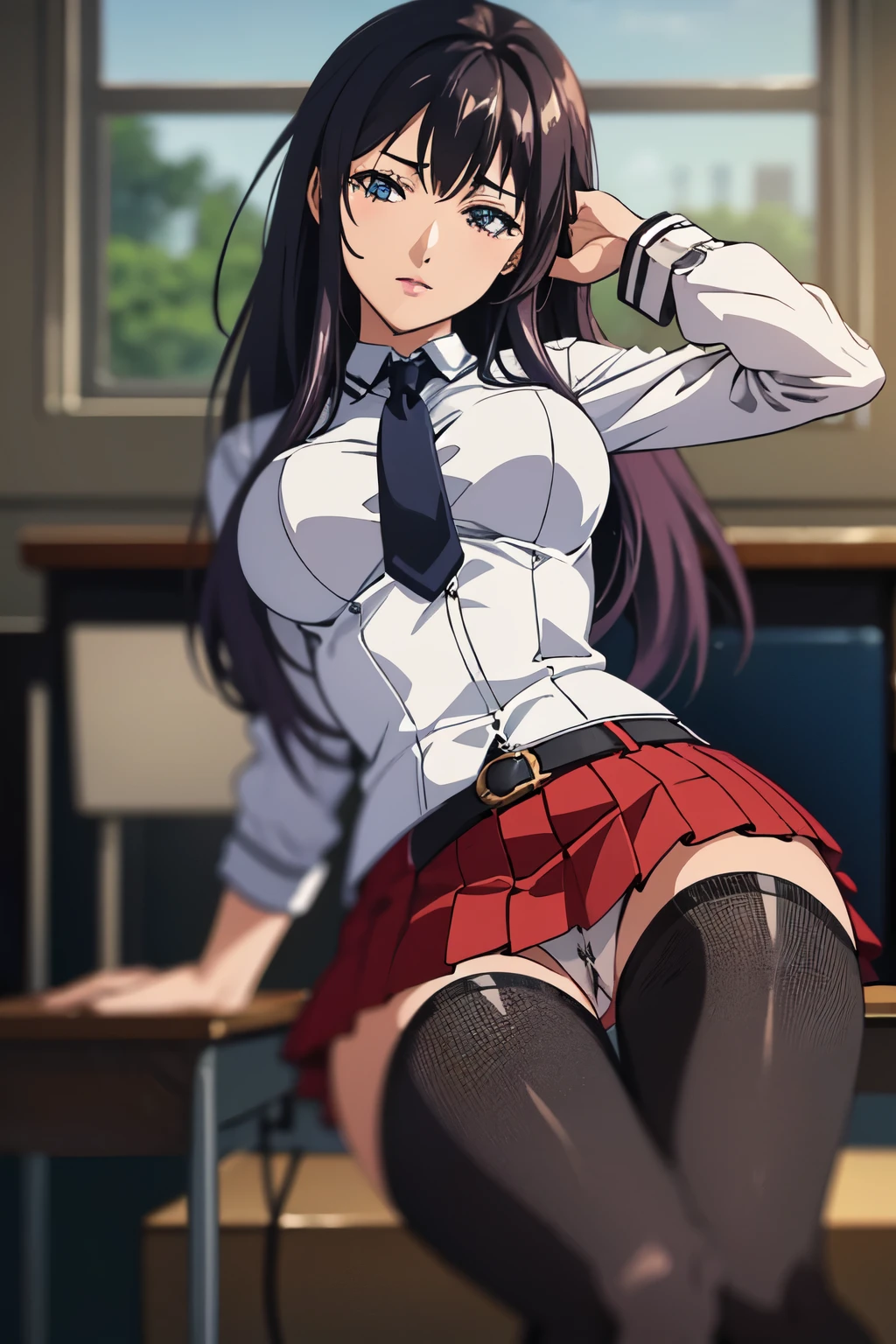 masterpiece, best quality, highres, 1girl kaori saeki,   but with exposed breasts, skin tight red skirt, black thigh high stockings, classroom, cowboy shot, horny, looking at viewer, focus solo 