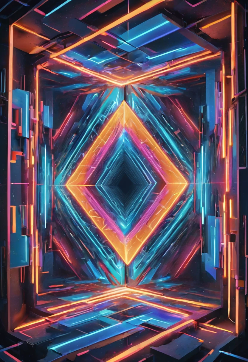 giant geometric shape,abstract,colorful,sharp edges,striking contrast,3D rendering,stark minimalism,highly saturated colors,illuminated from within,glowing lines,vibrant neon lights,ultra-modern aesthetics,surreal atmosphere,fluid motion,kinetic energy,larger than life,impressive scale,intricate patterns,symmetrical composition,dynamic angles,mesmerizing optical illusion,immersive spatial experience,hypnotic effect,textured surfaces,bold geometric forms,perfectly balanced proportions,monumental presence,visual impact,breathtaking symmetry,geometric precision,impossible . masterpiece, best quality, very aesthetic, absurdres, otclillsn