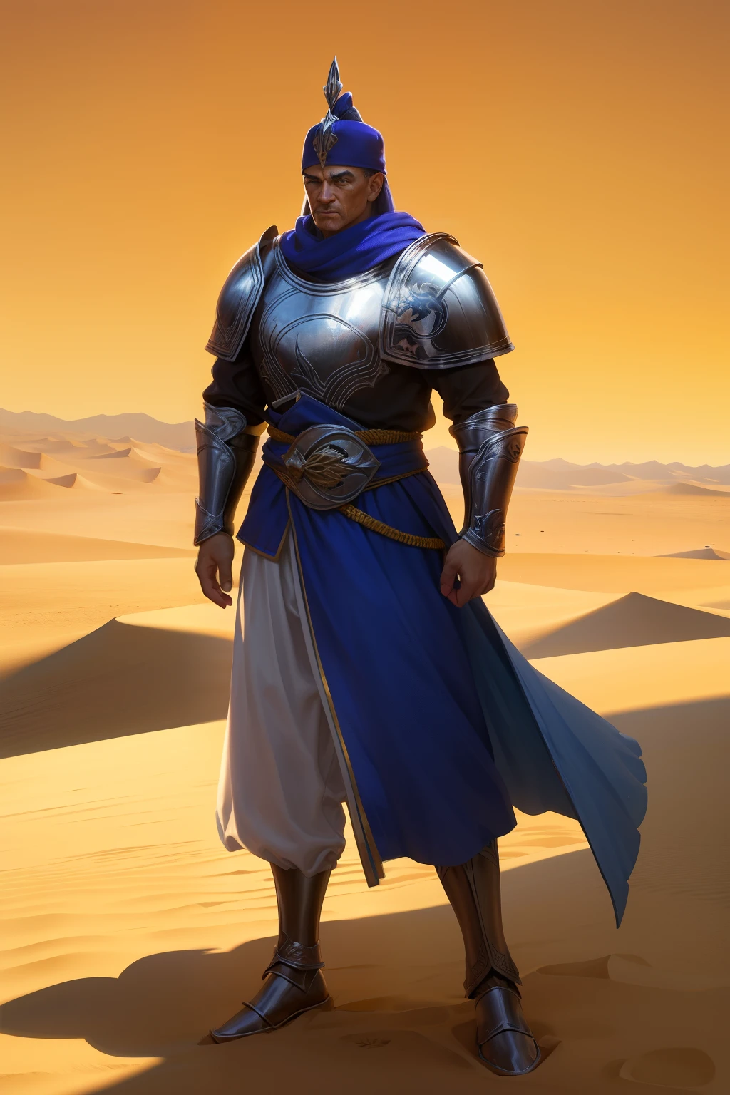 homem forte，Pegue um escudo，is dressed in armor，usando seu capacete，em um deserto，A bandeira，Vento forte，cavalos