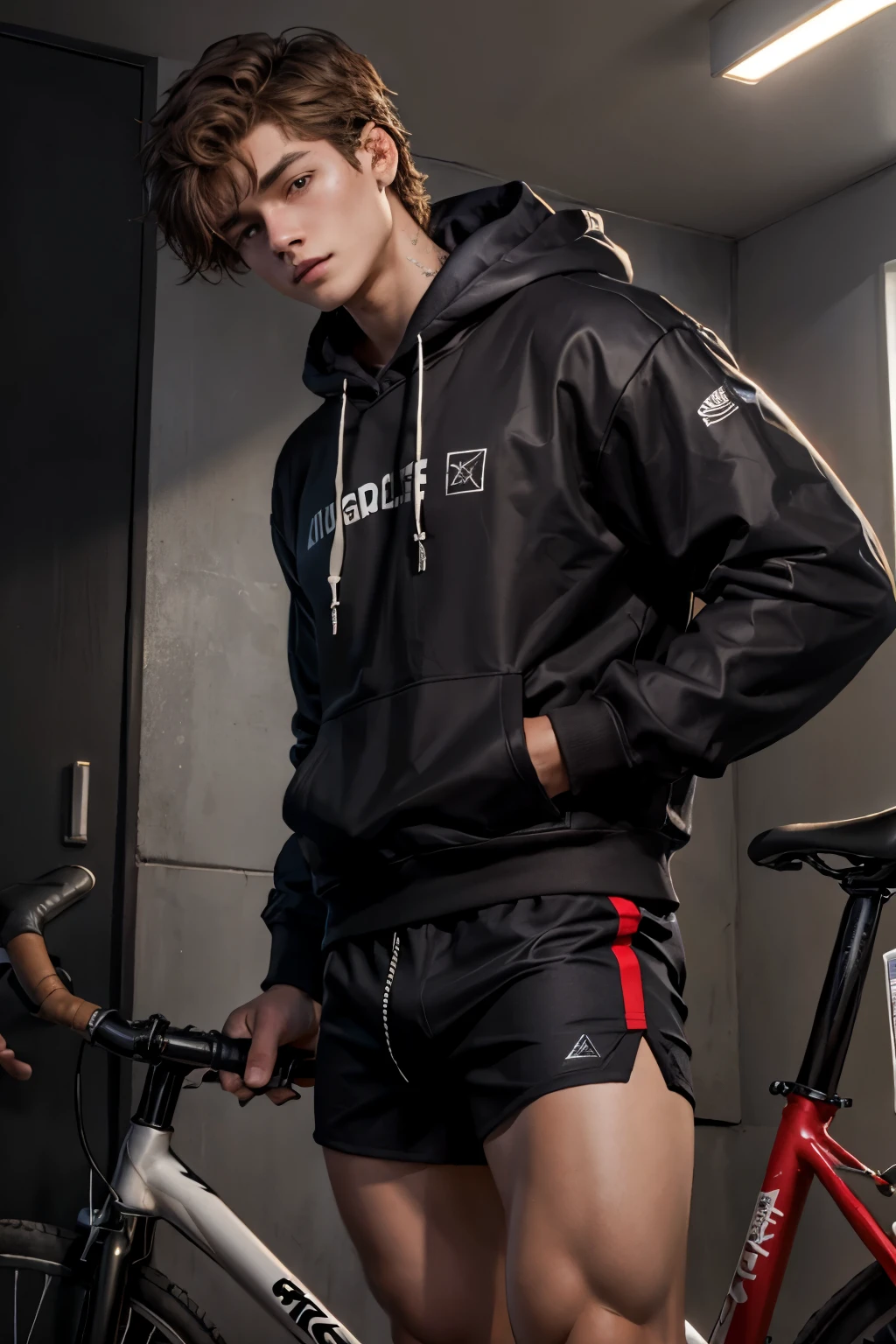 One boy、ash hoodie、Black Bike Shorts、ligh brown hair、Carl Bob